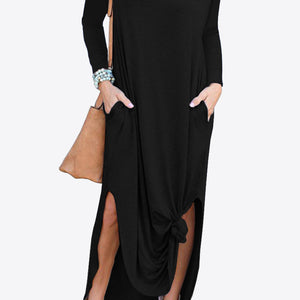 Split Long Sleeve V-Neck Maxi Dress-Pimamour