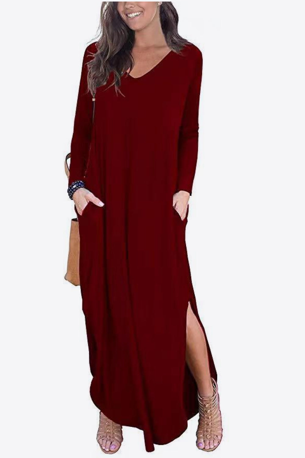 Split Long Sleeve V-Neck Maxi Dress-Pimamour