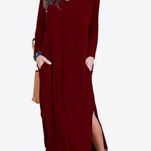 Split Long Sleeve V-Neck Maxi Dress-Pimamour