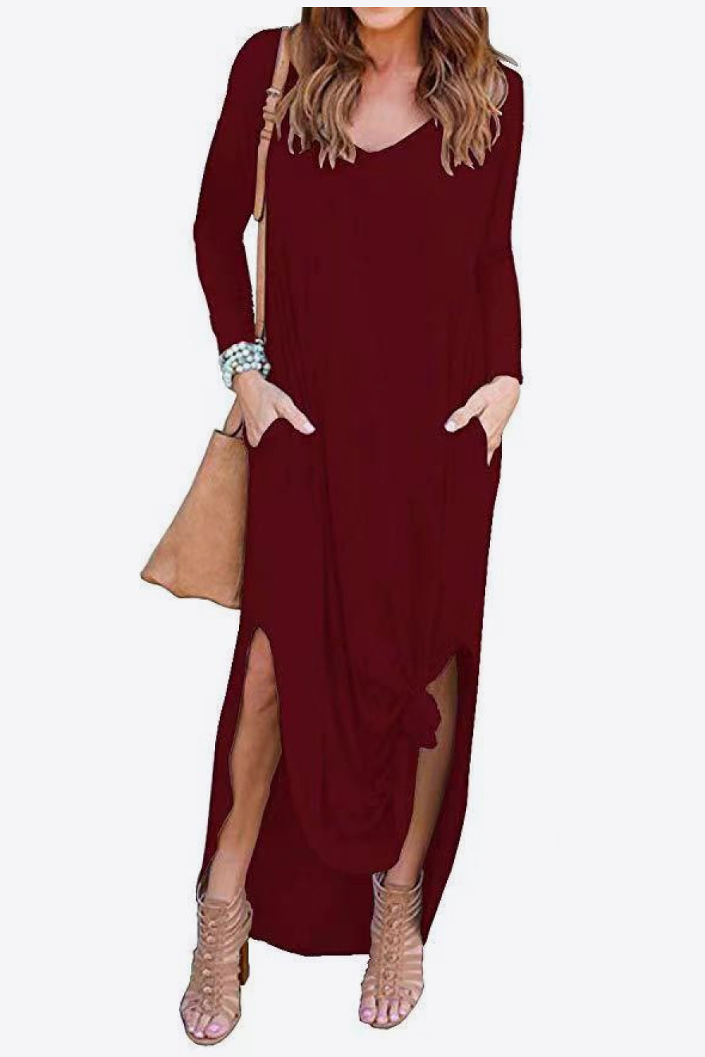 Split Long Sleeve V-Neck Maxi Dress-Pimamour