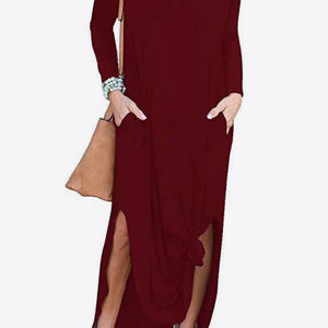 Split Long Sleeve V-Neck Maxi Dress-Pimamour