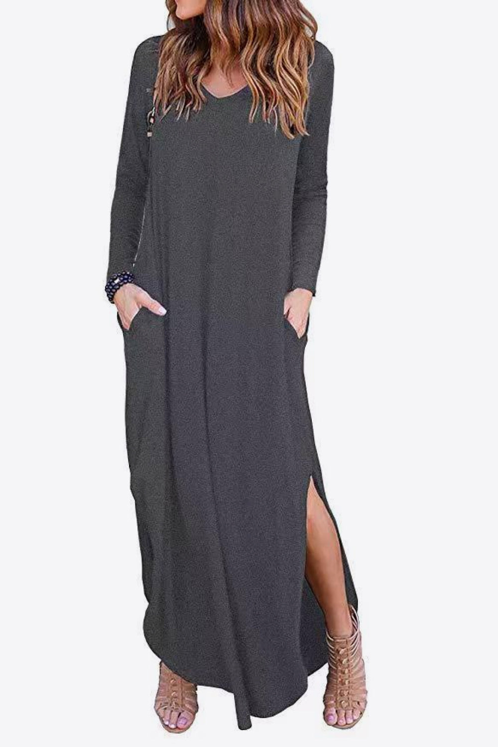 Split Long Sleeve V-Neck Maxi Dress-Pimamour