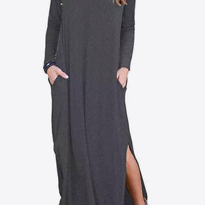 Split Long Sleeve V-Neck Maxi Dress-Pimamour