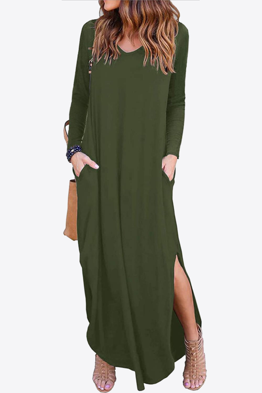 Split Long Sleeve V-Neck Maxi Dress-Pimamour