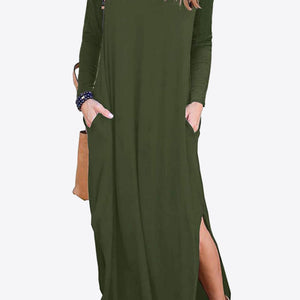 Split Long Sleeve V-Neck Maxi Dress-Pimamour