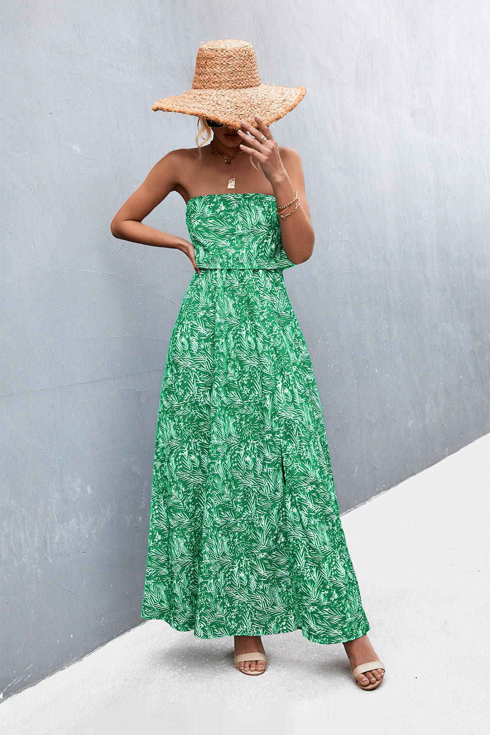 Strapless Split Maxi Dress-Pimamour