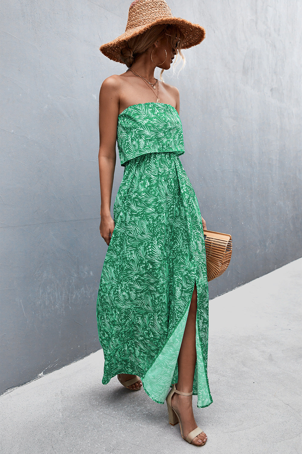 Strapless Split Maxi Dress-Pimamour