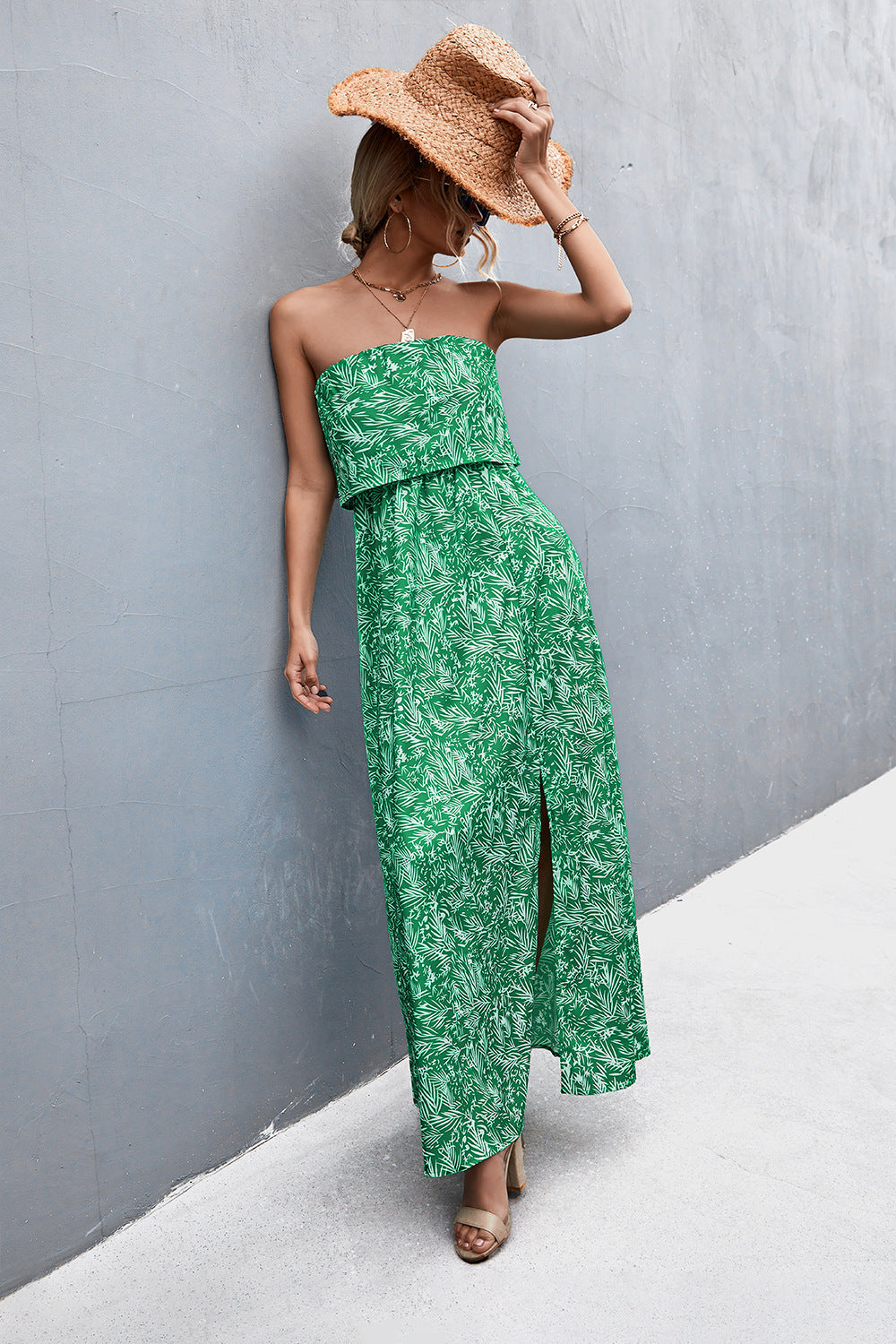 Strapless Split Maxi Dress-Pimamour