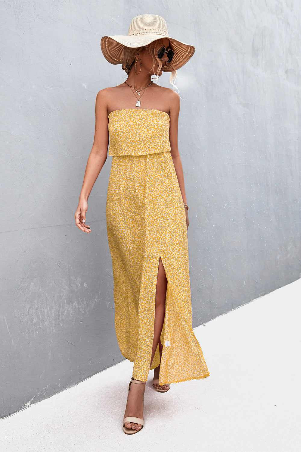 Strapless Split Maxi Dress-Pimamour