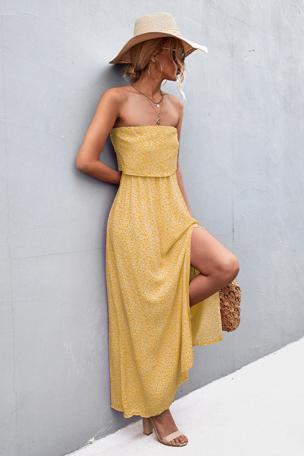 Strapless Split Maxi Dress-Pimamour