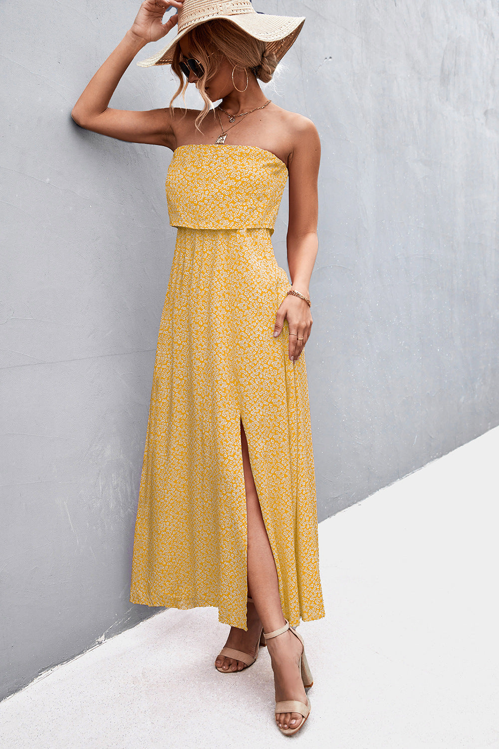 Strapless Split Maxi Dress-Pimamour