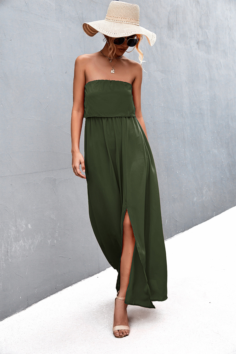 Strapless Split Maxi Dress-Pimamour