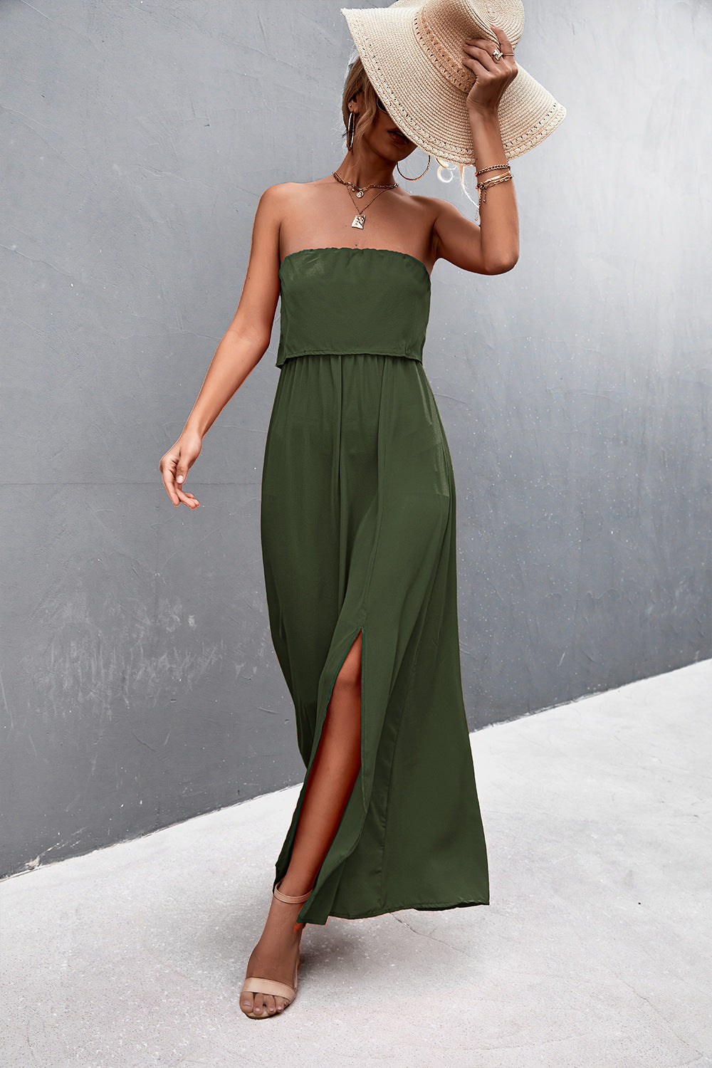 Strapless Split Maxi Dress-Pimamour