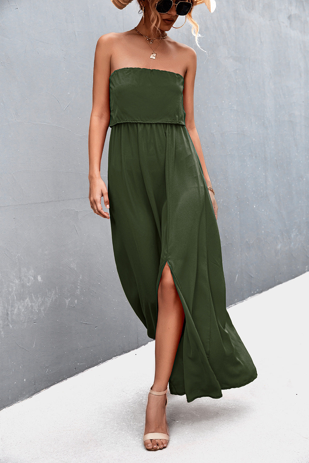 Strapless Split Maxi Dress-Pimamour