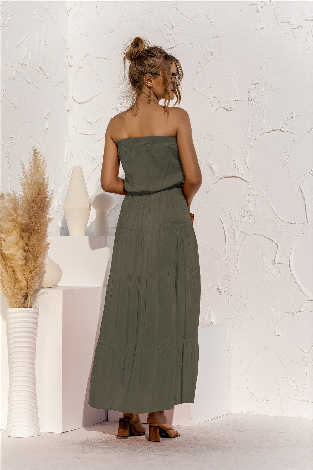 Strapless Tie Waist Tiered Maxi Dress-Pimamour