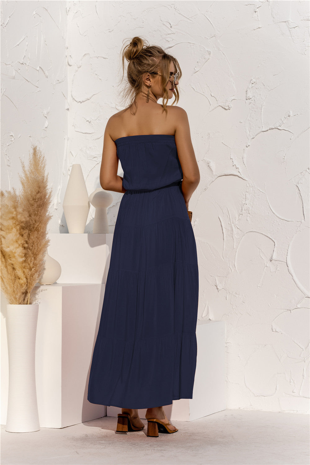 Strapless Tie Waist Tiered Maxi Dress-Pimamour