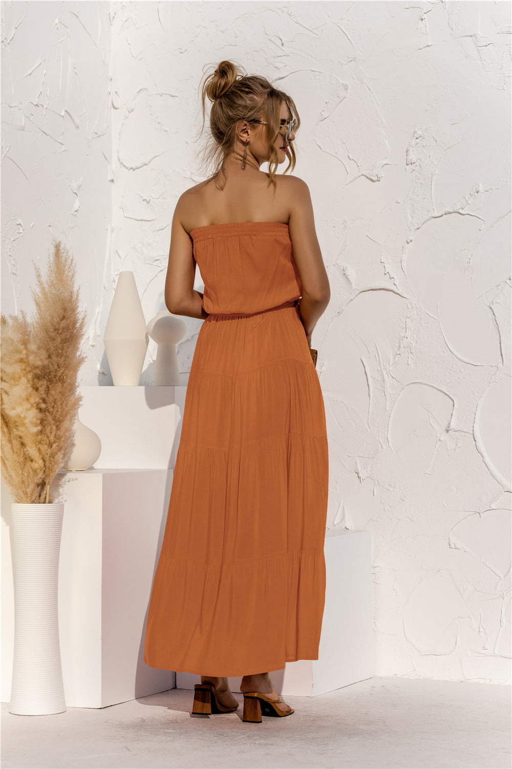 Strapless Tie Waist Tiered Maxi Dress-Pimamour