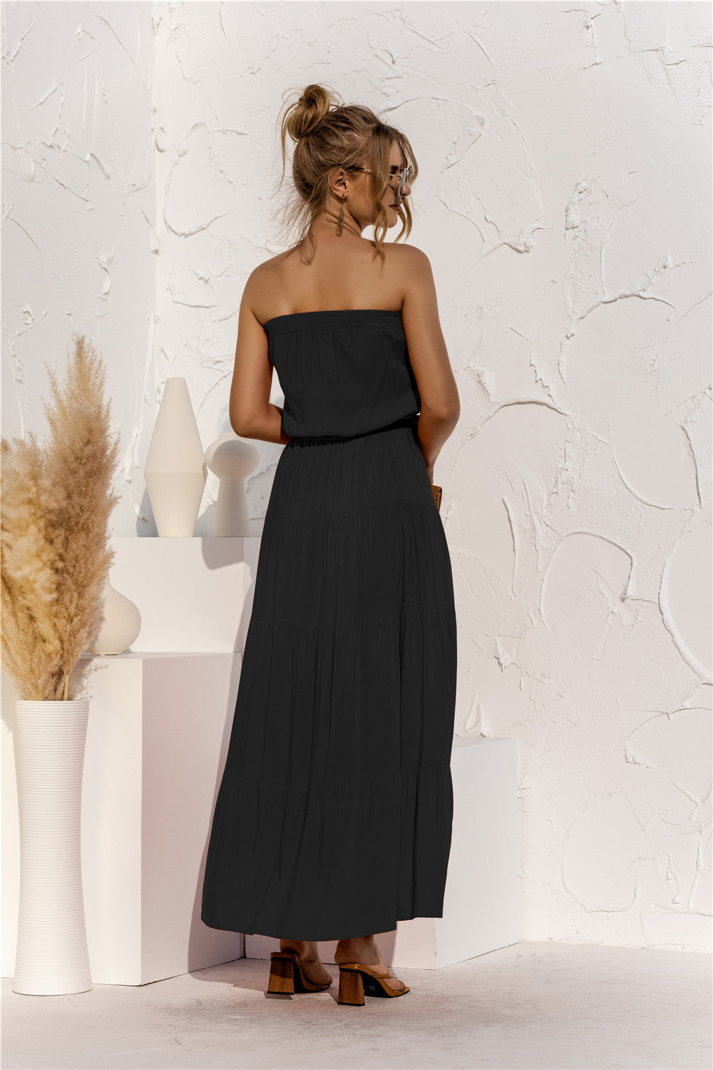 Strapless Tie Waist Tiered Maxi Dress-Pimamour