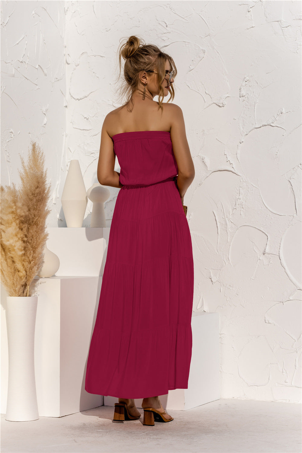 Strapless Tie Waist Tiered Maxi Dress-Pimamour