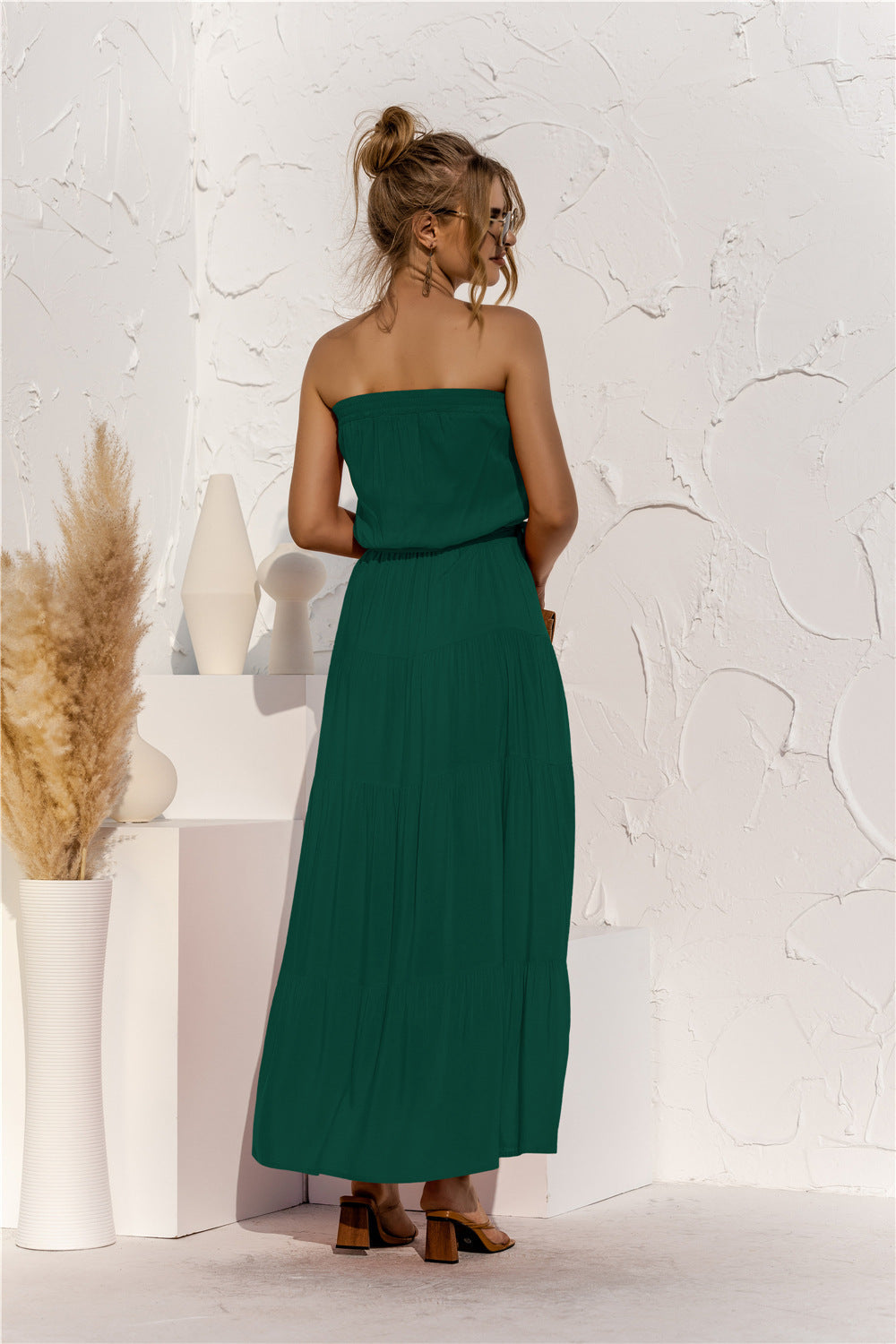 Strapless Tie Waist Tiered Maxi Dress-Pimamour