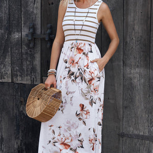 Striped Floral Round Neck Sleeveless Maxi Dress-Pimamour