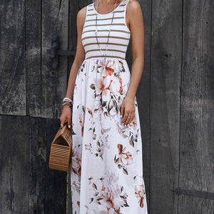 Striped Floral Round Neck Sleeveless Maxi Dress-Pimamour