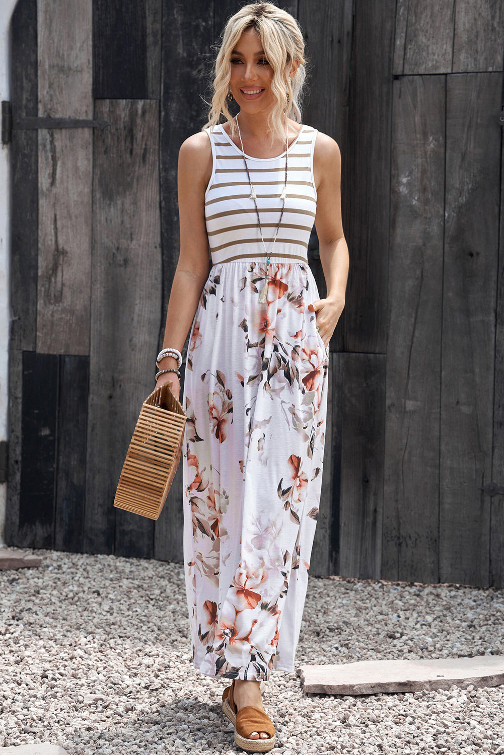 Striped Floral Round Neck Sleeveless Maxi Dress-Pimamour