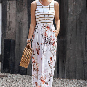 Striped Floral Round Neck Sleeveless Maxi Dress-Pimamour