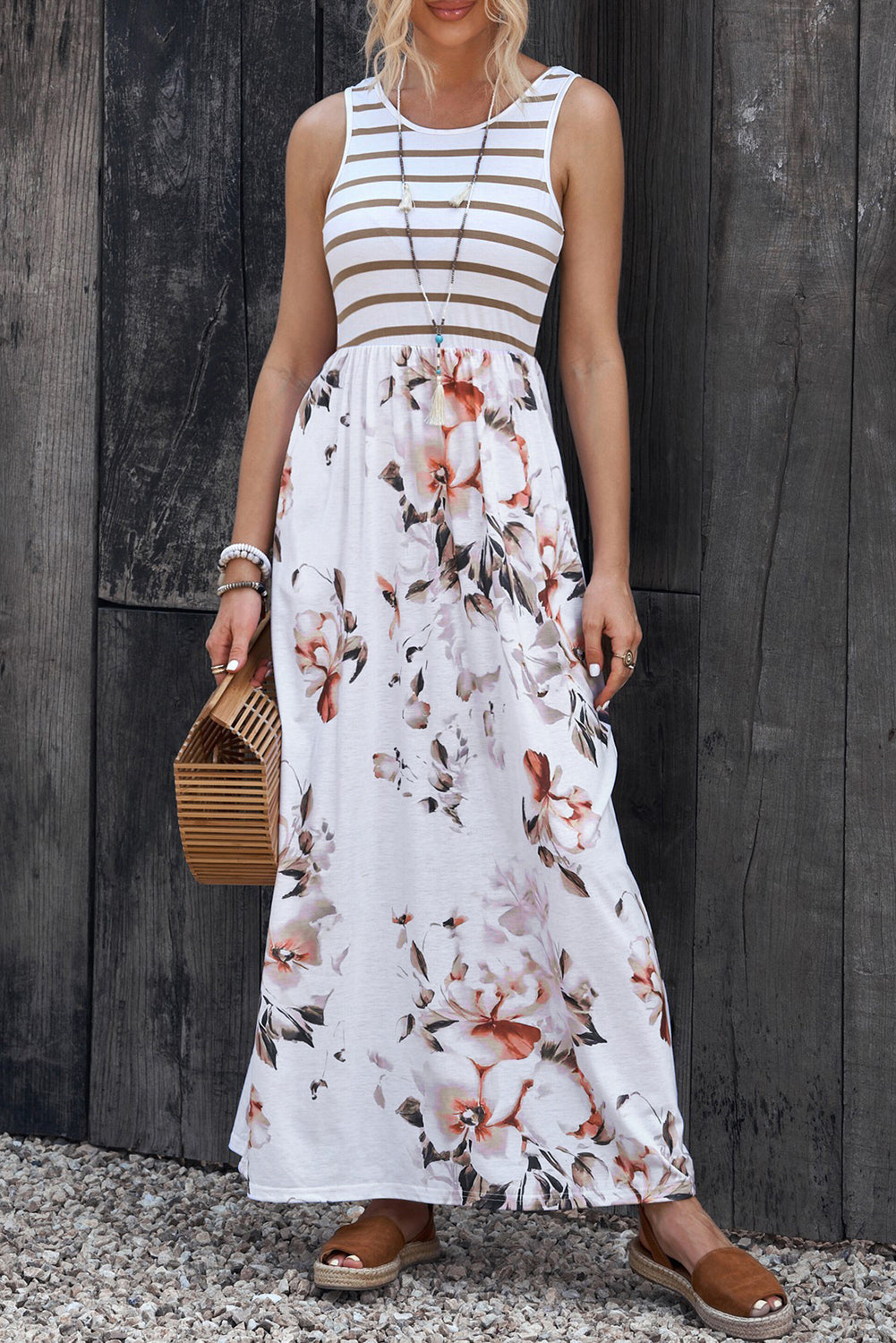 Striped Floral Round Neck Sleeveless Maxi Dress-Pimamour