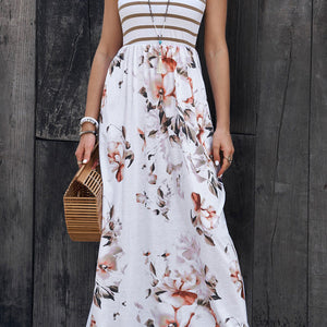 Striped Floral Round Neck Sleeveless Maxi Dress-Pimamour