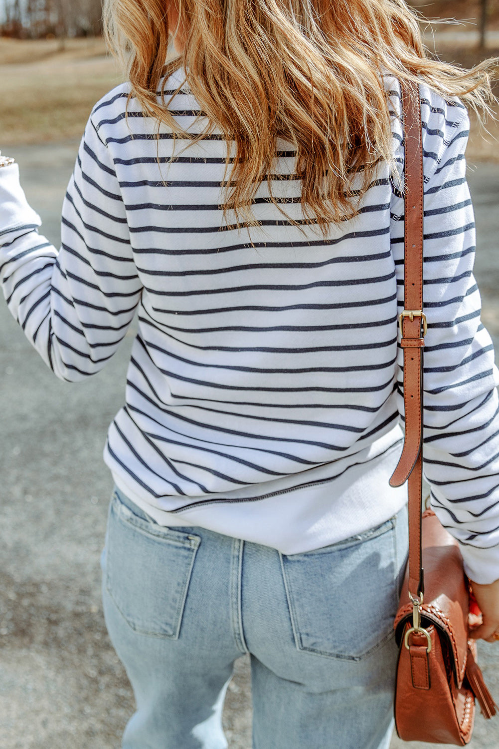 Striped Long Sleeve Round Neck Top-Pimamour