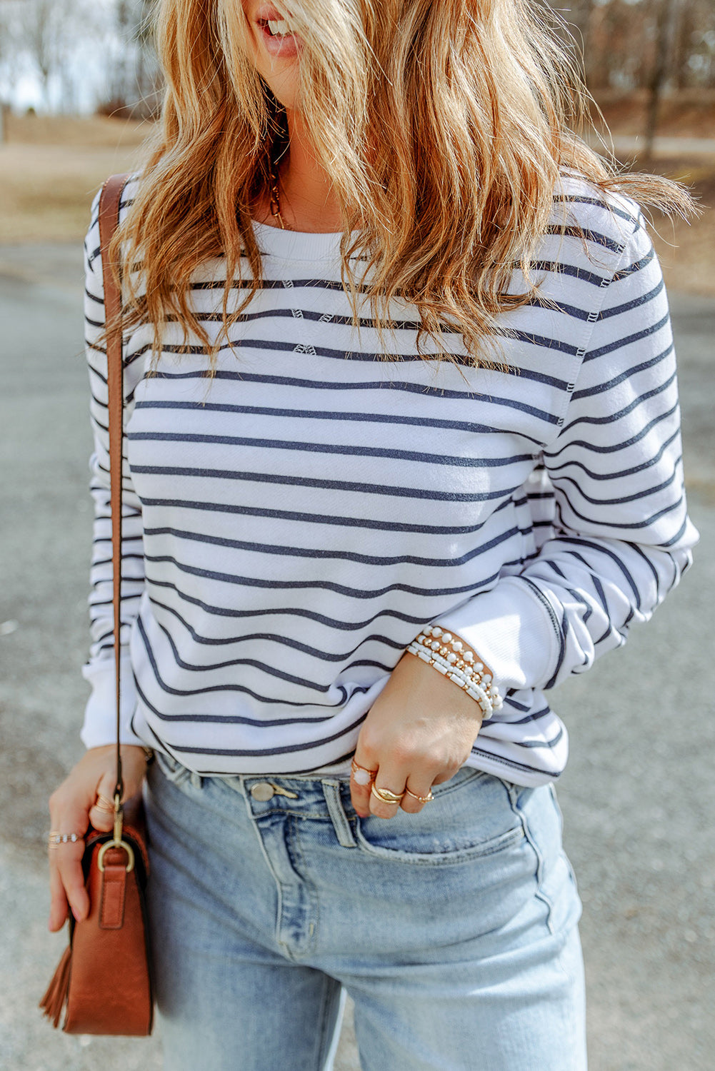 Striped Long Sleeve Round Neck Top-Pimamour