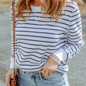 Striped Long Sleeve Round Neck Top-Pimamour