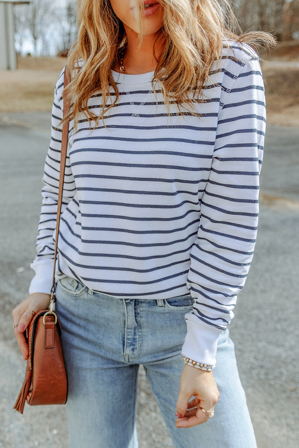 Striped Long Sleeve Round Neck Top-Pimamour