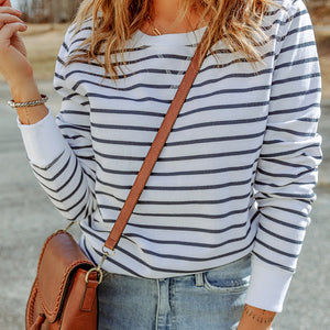 Striped Long Sleeve Round Neck Top-Pimamour