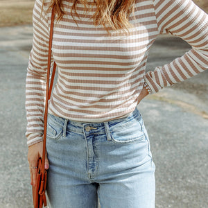 Striped Mock Neck Long Sleeve Top-Pimamour