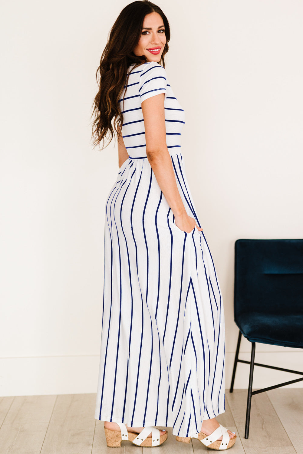 Striped Short Sleeve Crewneck Maxi Dress-Pimamour