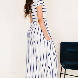 Striped Short Sleeve Crewneck Maxi Dress-Pimamour