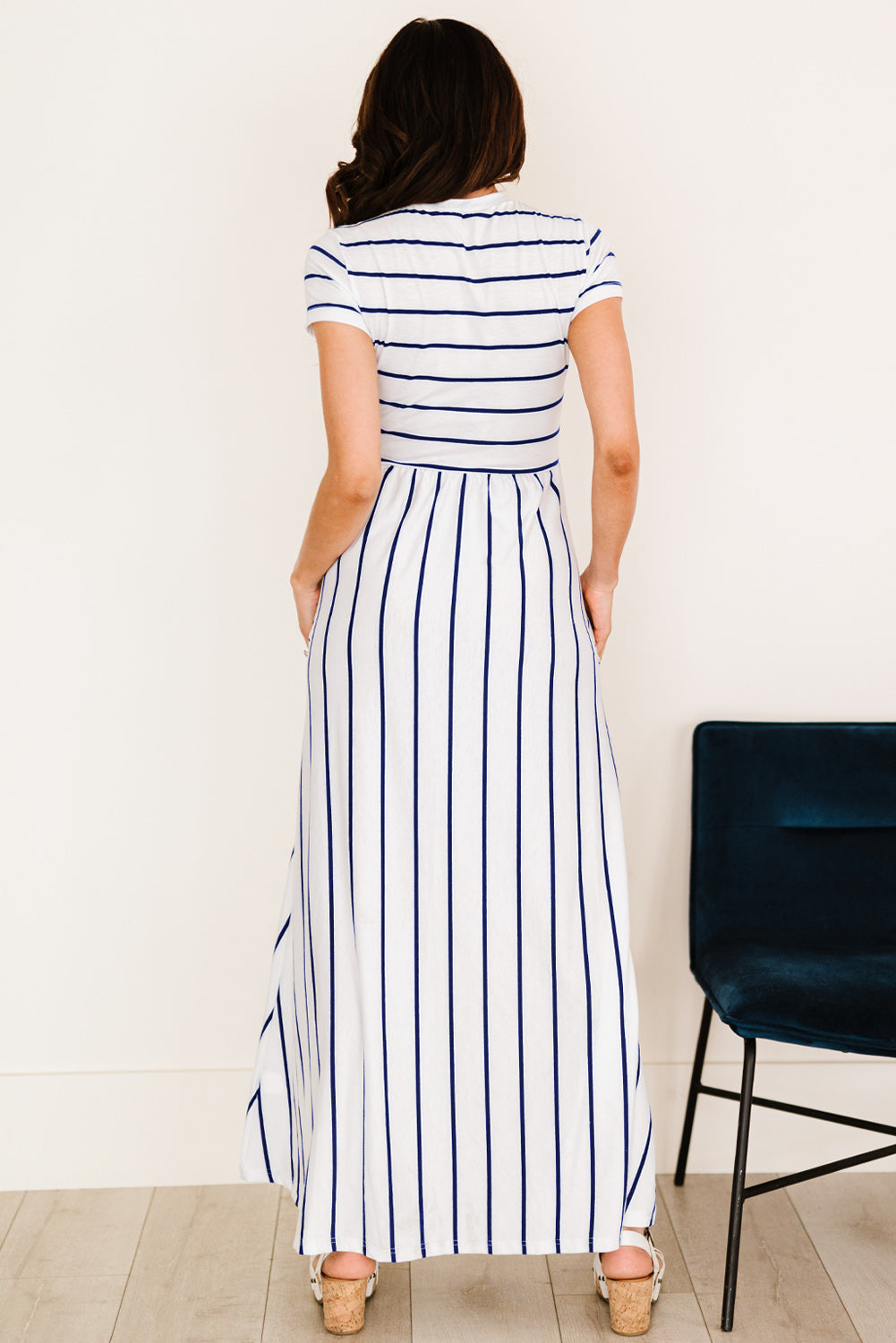 Striped Short Sleeve Crewneck Maxi Dress-Pimamour