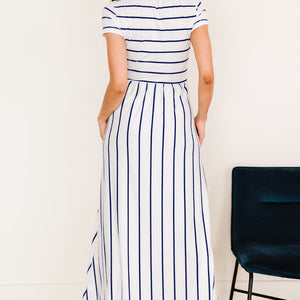 Striped Short Sleeve Crewneck Maxi Dress-Pimamour