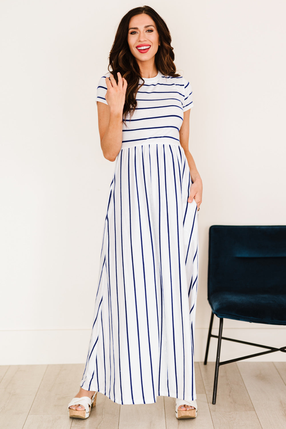 Striped Short Sleeve Crewneck Maxi Dress-Pimamour