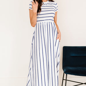 Striped Short Sleeve Crewneck Maxi Dress-Pimamour