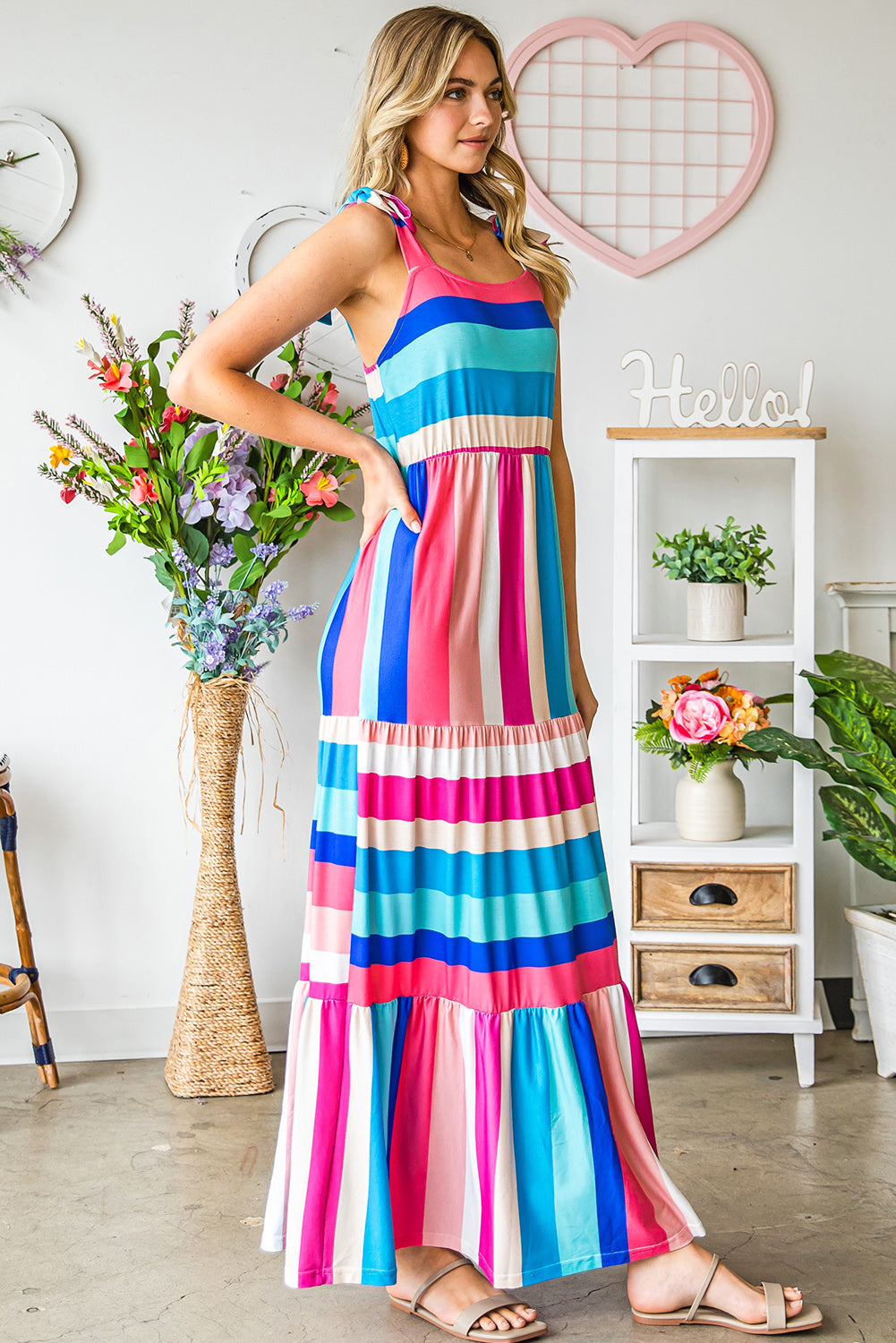 Striped Sleeveless Maxi Dress-Pimamour