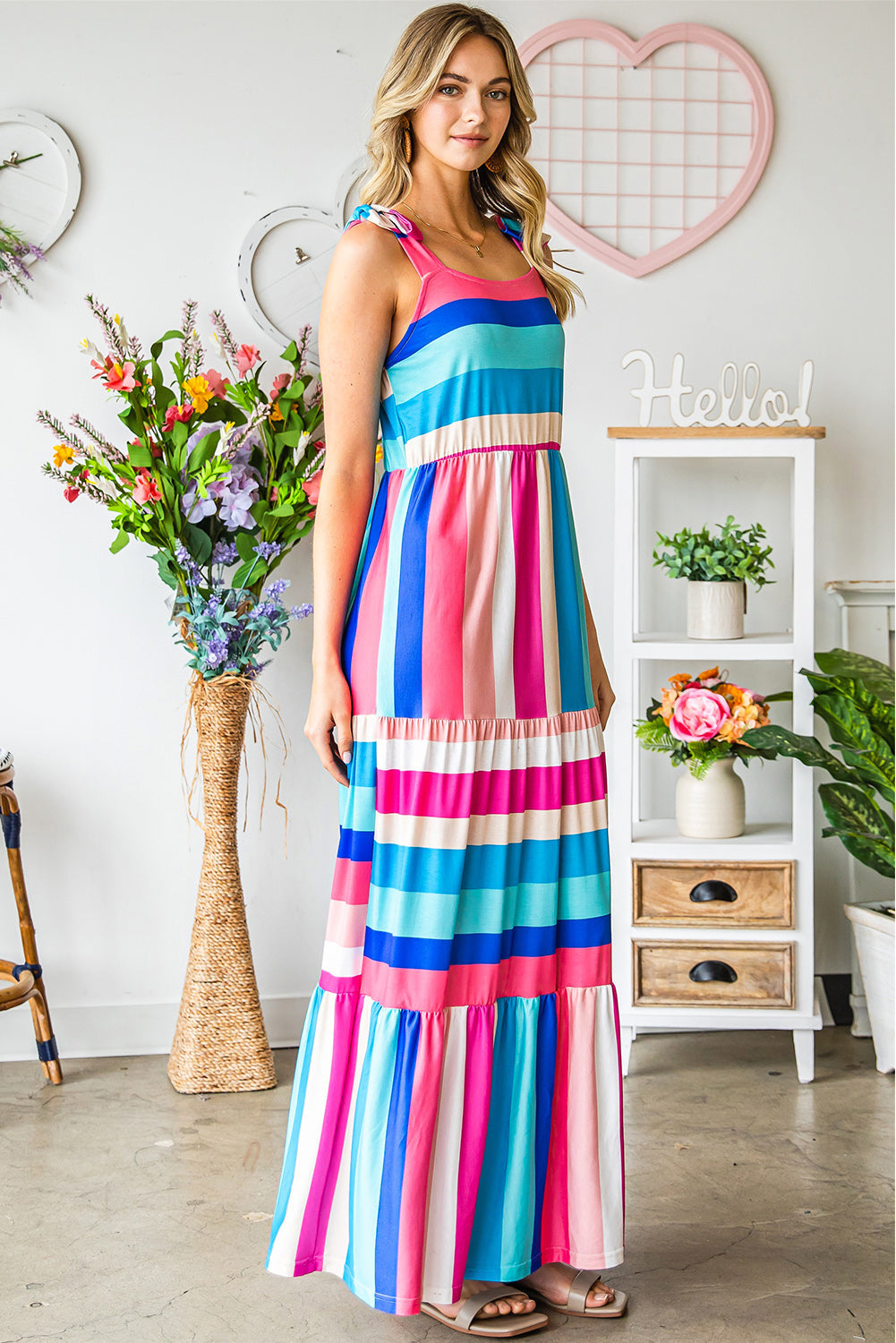 Striped Sleeveless Maxi Dress-Pimamour