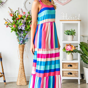 Striped Sleeveless Maxi Dress-Pimamour