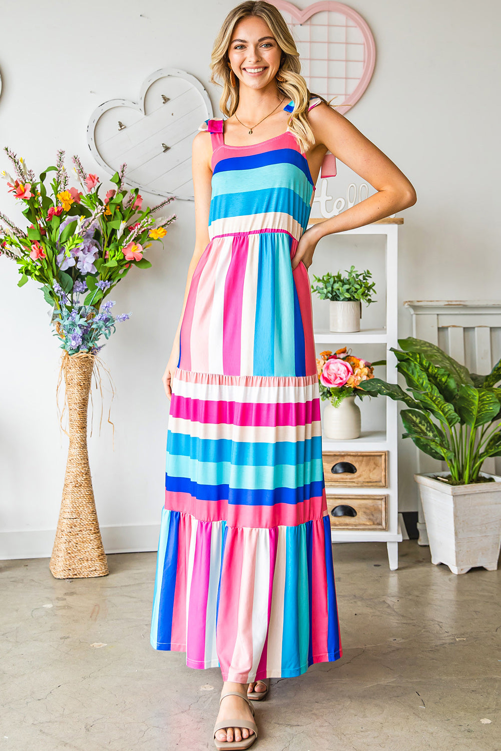 Striped Sleeveless Maxi Dress-Pimamour