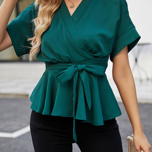 Surplice Neck Short Sleeve Front Tie Ruffle Hem Blouse-Pimamour