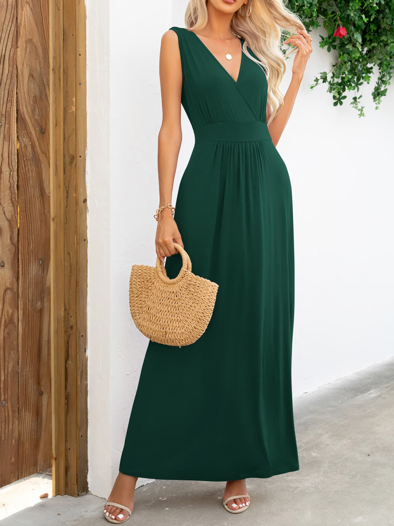 Surplice Neck Sleeveless Maxi Dress-Pimamour