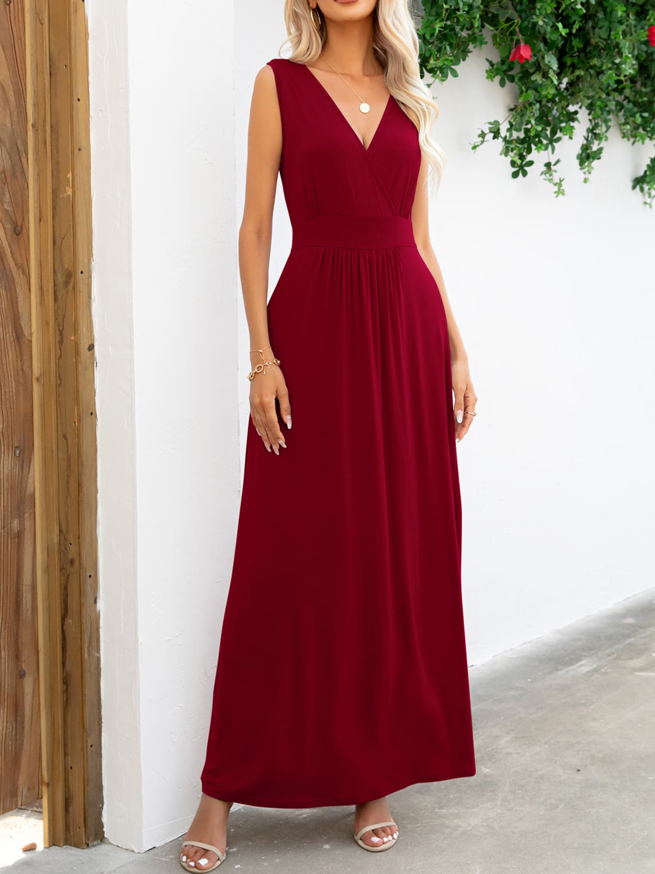 Surplice Neck Sleeveless Maxi Dress-Pimamour