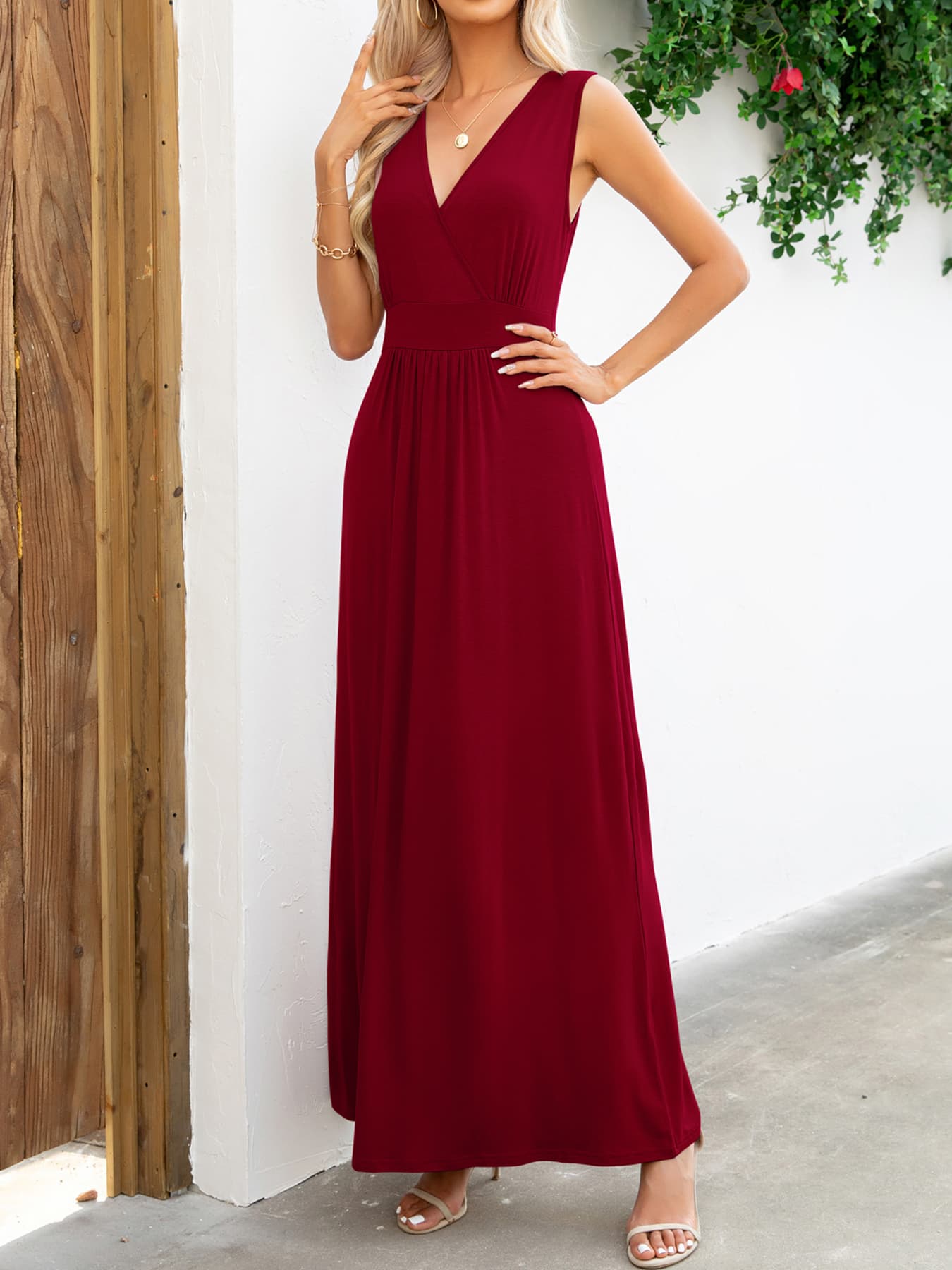 Surplice Neck Sleeveless Maxi Dress-Pimamour